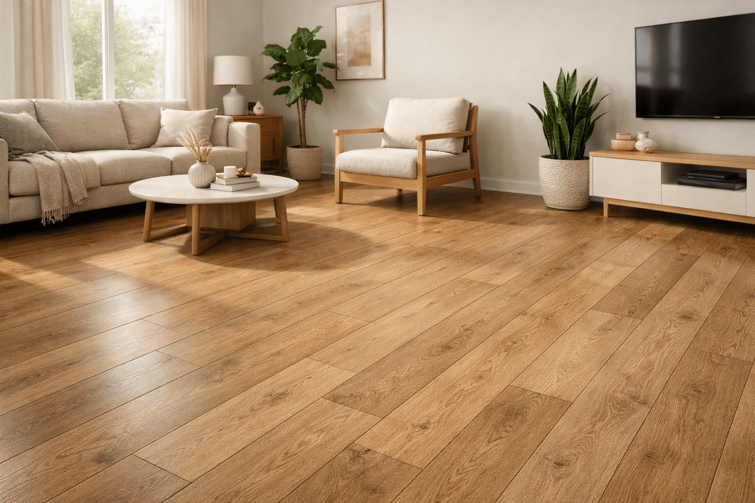 Warm natural oak wide plank laminate in a sunny modern living room