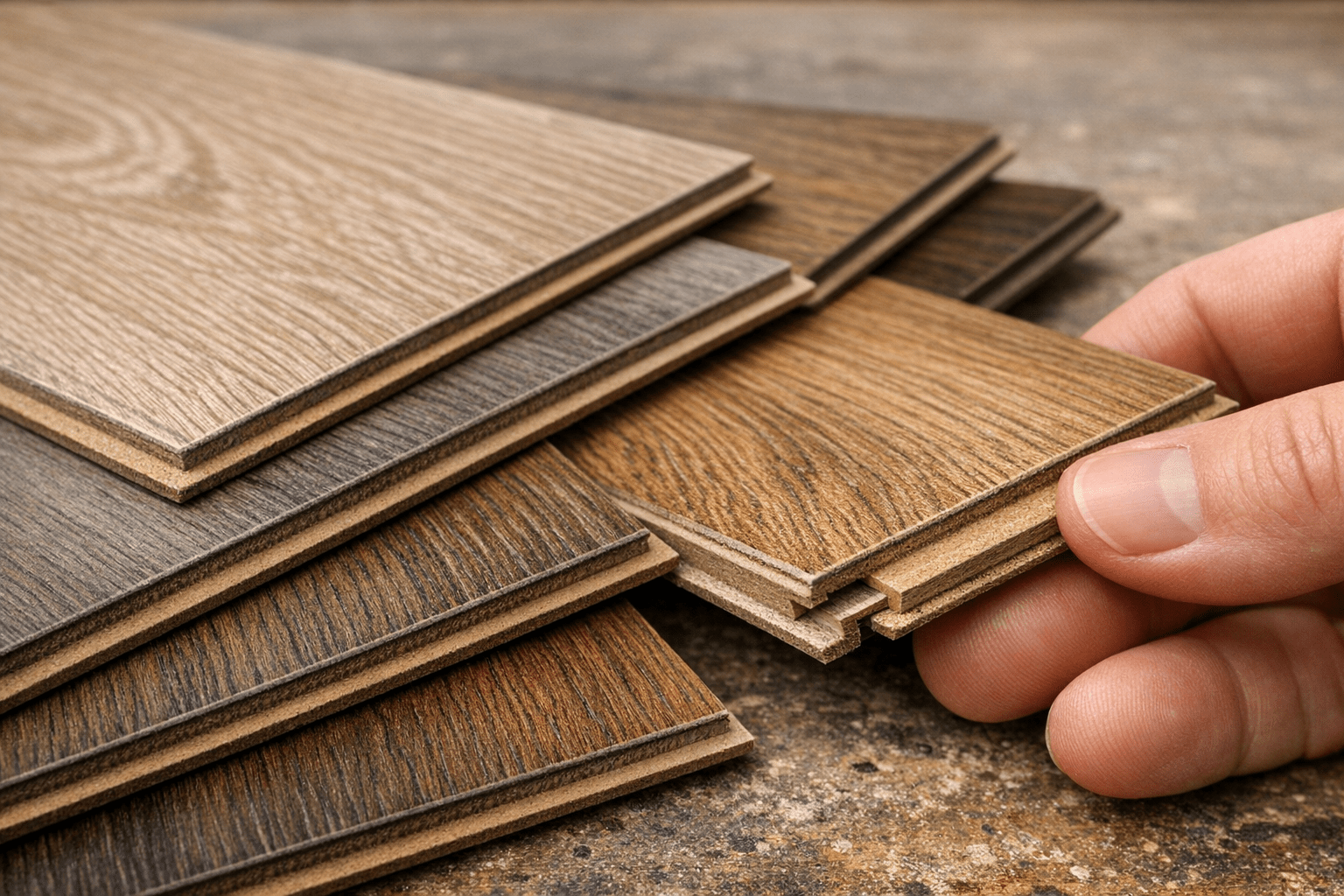 Wide plank laminate samples with matte grain texture and beveled edges