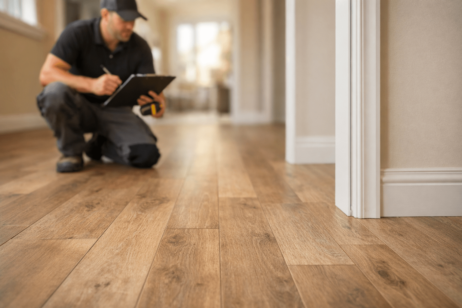 Flooring professional measuring beside newly installed wide plank laminate