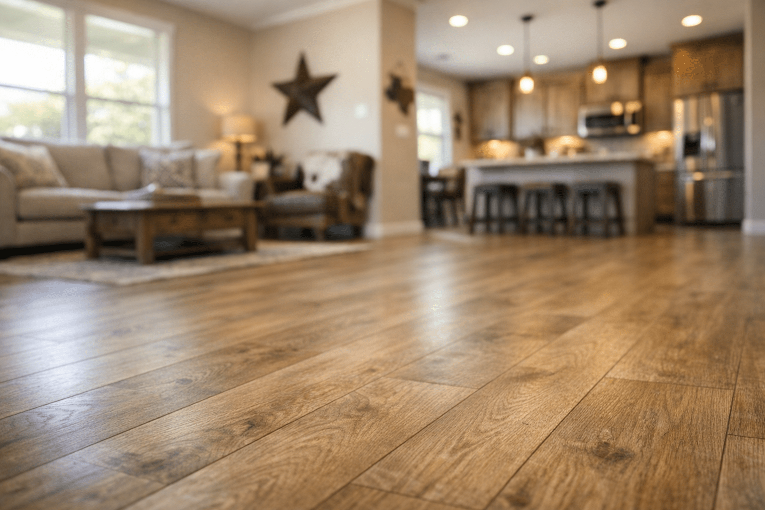Natural oak water-resistant laminate in a bright North Texas home