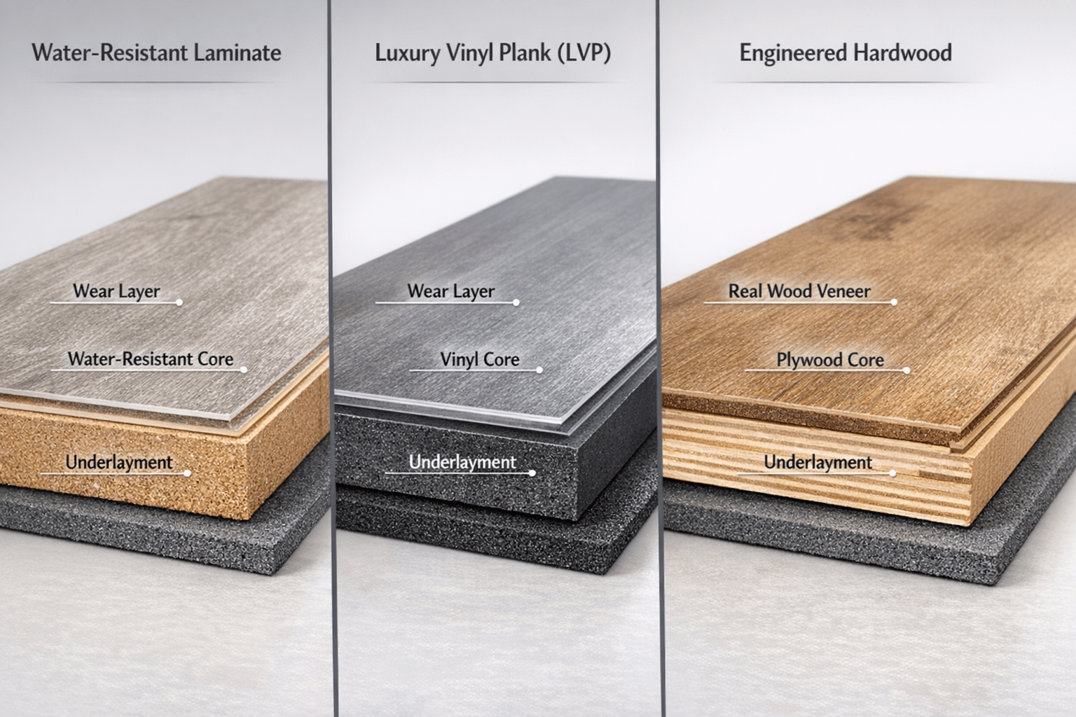 Layers of water-resistant laminate, LVP, and engineered hardwood