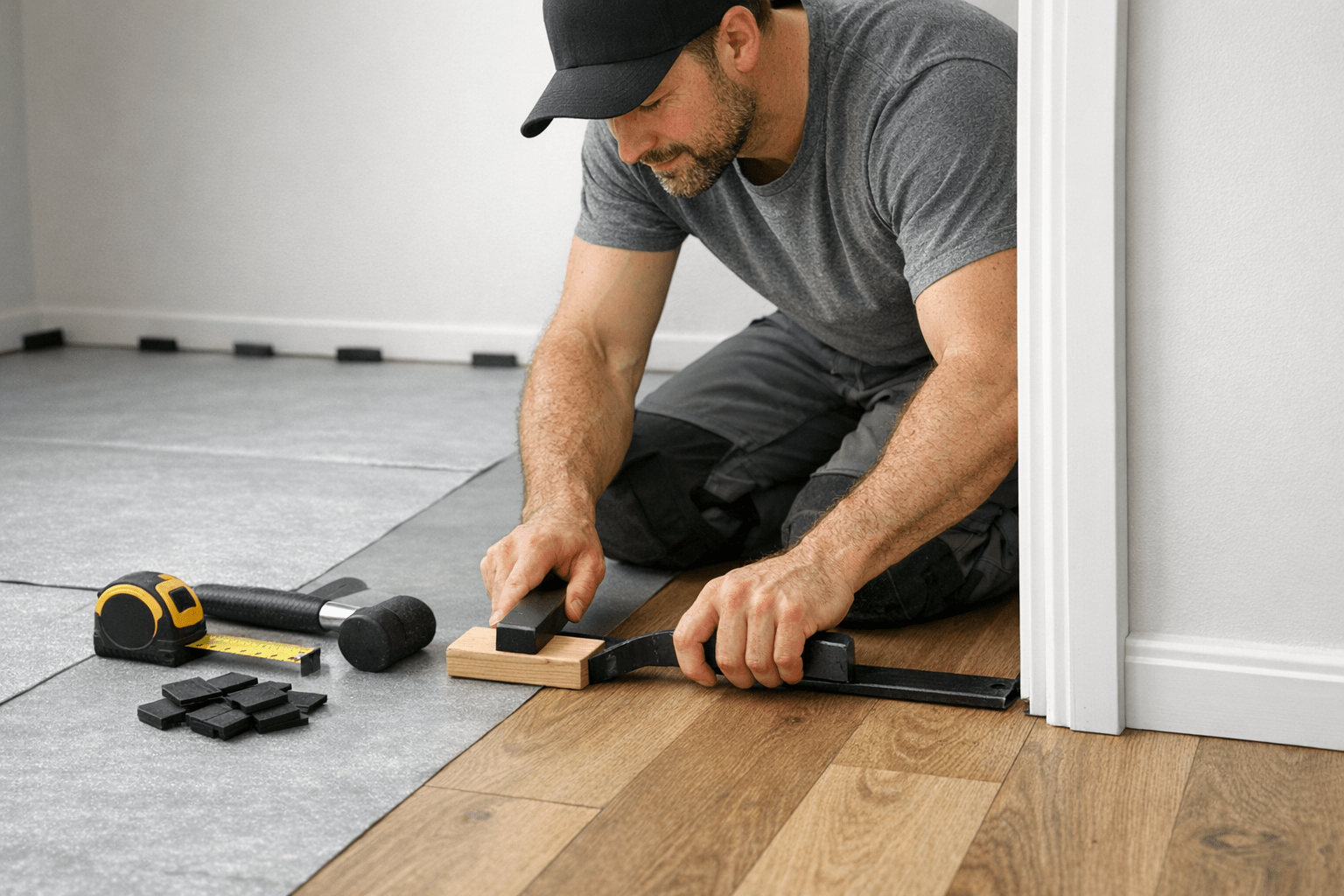 Installer fitting laminate planks near a doorway over underlayment