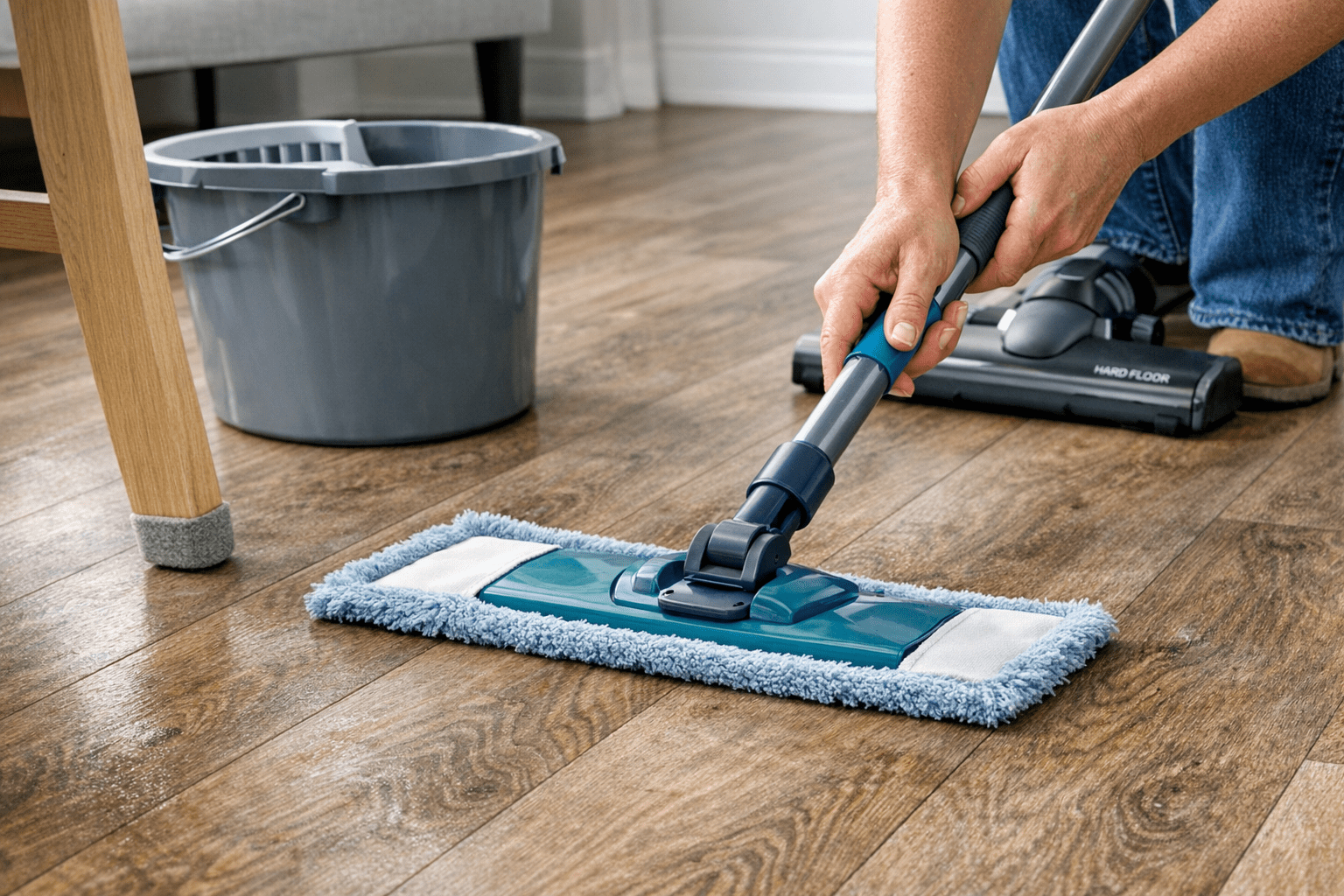Microfiber mop, vacuum, and furniture pads used to care for laminate