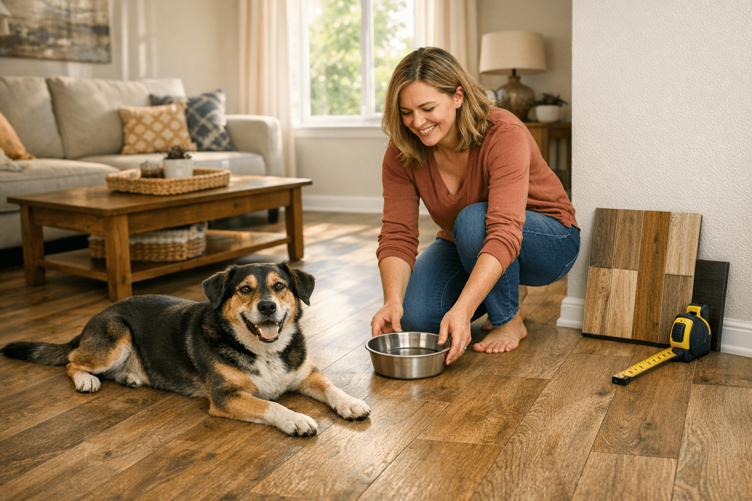 Bright North Texas living room with pet-friendly laminate flooring, dog resting, homeowner and contractor samples