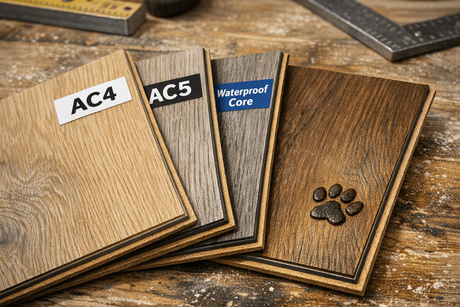 Close-up of laminate plank samples with AC4 and AC5 labels and a pet paw print