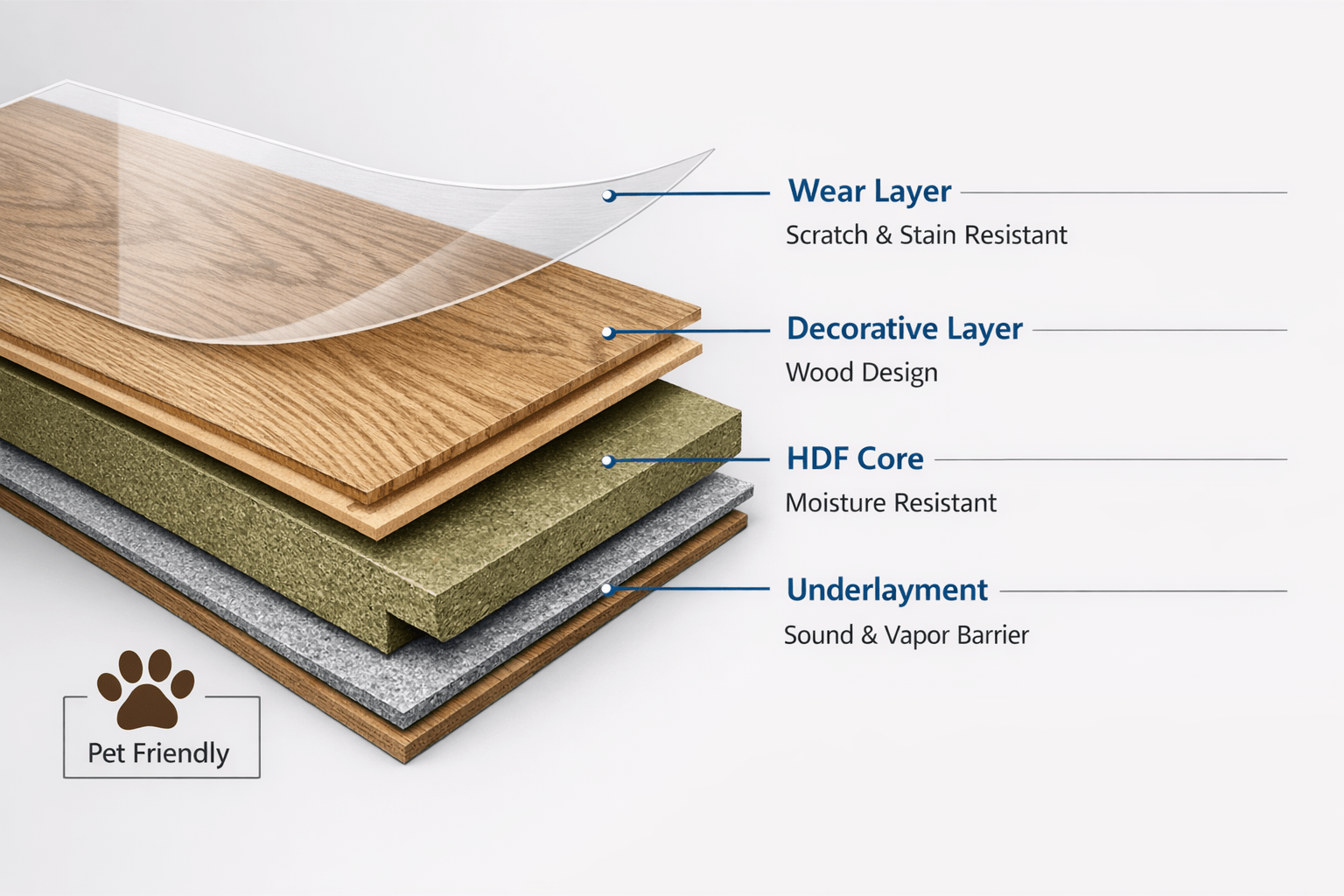 Layered flooring cross-section infographic showing wear layer, decorative layer, HDF core and underlayment with paw icon
