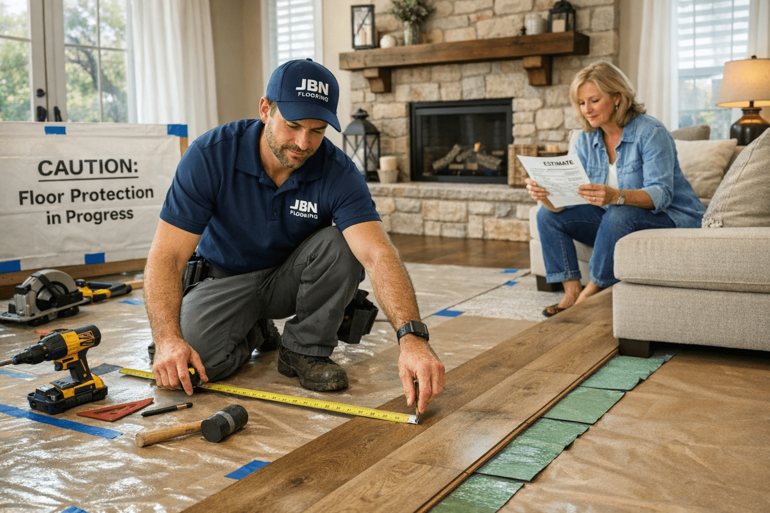 Technician measuring a living room with laminate partially installed, homeowner reviewing estimate