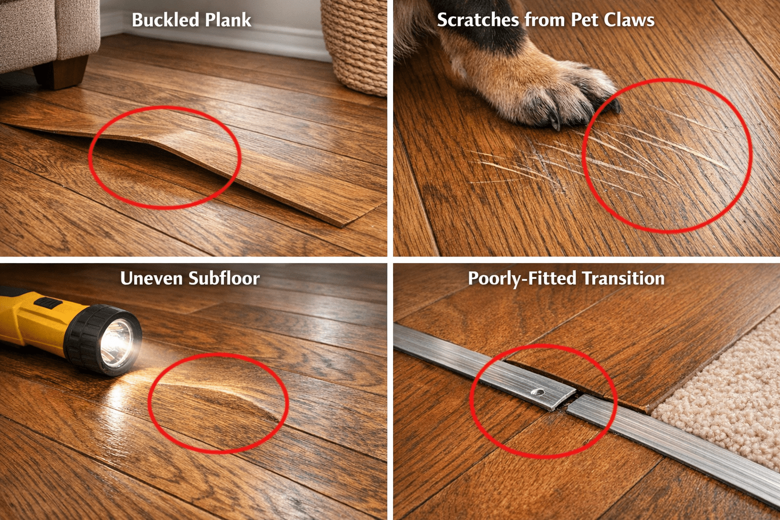 Photo montage of common flooring mistakes: buckled plank, scratches, uneven subfloor, poor transition