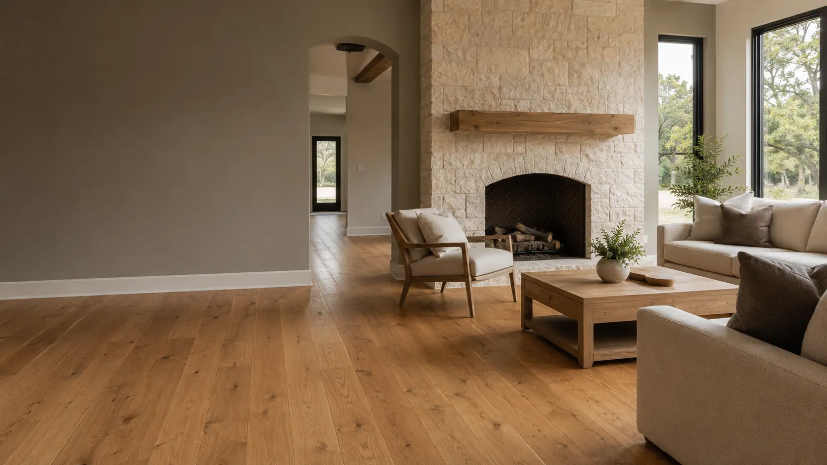 Oak Hardwood Flooring in a North Texas living room with natural grain and warm color