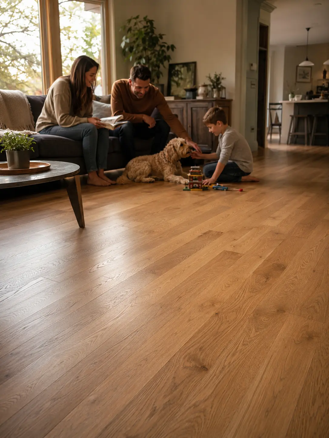 Oak Hardwood Flooring in a North Texas family home with a child and dog