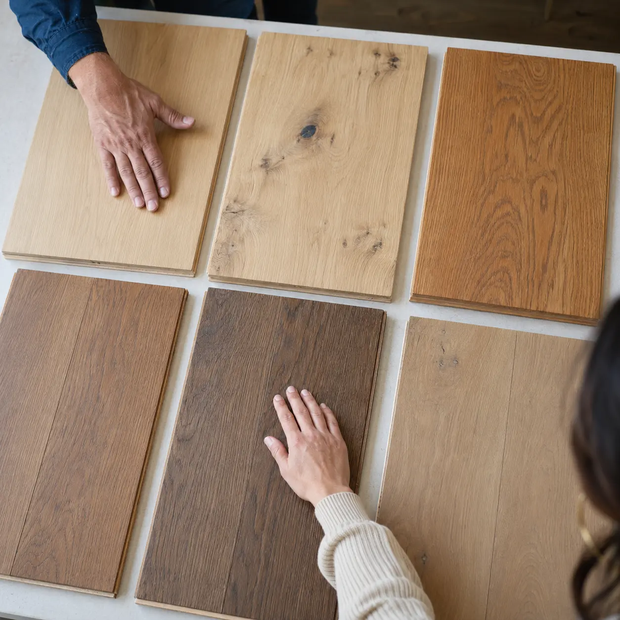 Oak Hardwood Flooring samples showing white oak, red oak, natural grade, colors and textures