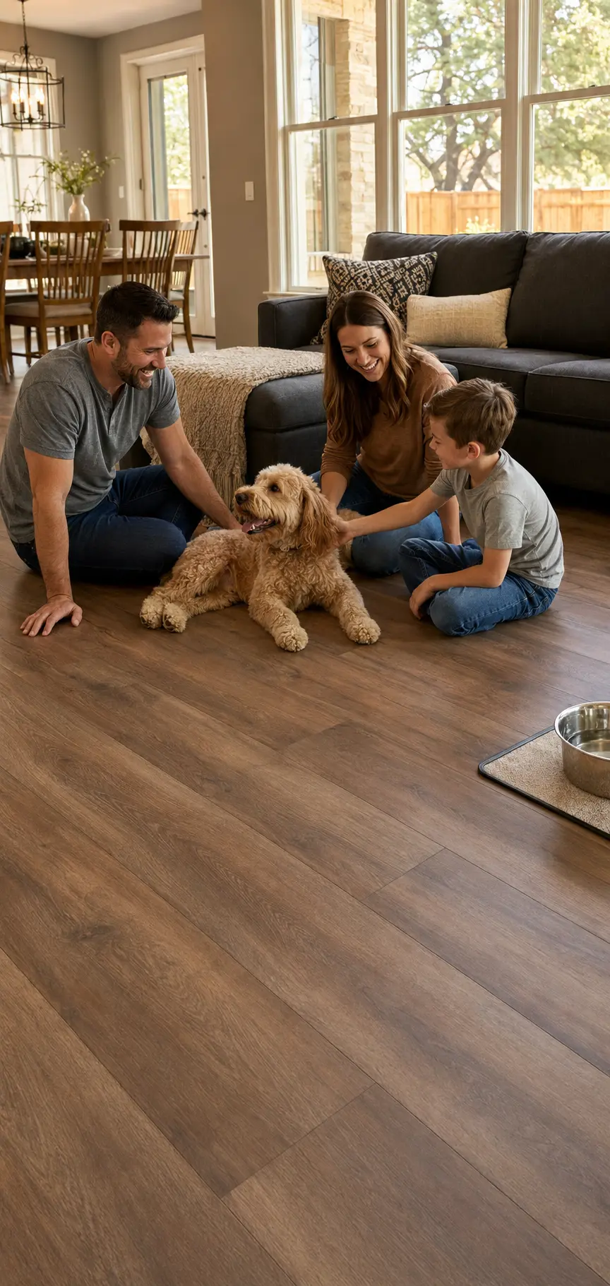 Pet-friendly Laminate Flooring Argyle TX in a clean family room with a dog