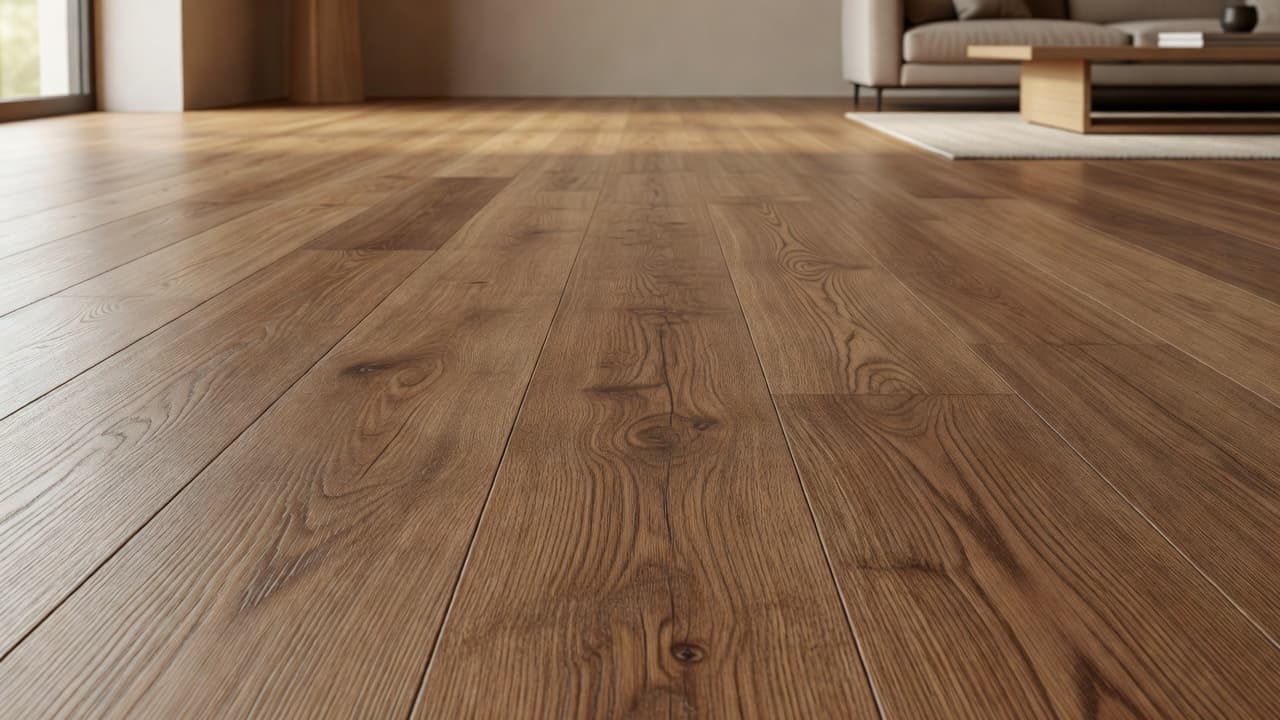 Detailed close-up showing the realistic matte finish and natural knots of luxury wood-look planks. Warm sunlight highlights the intricate grain patterns across the durable surface of this high-end residential floor.
