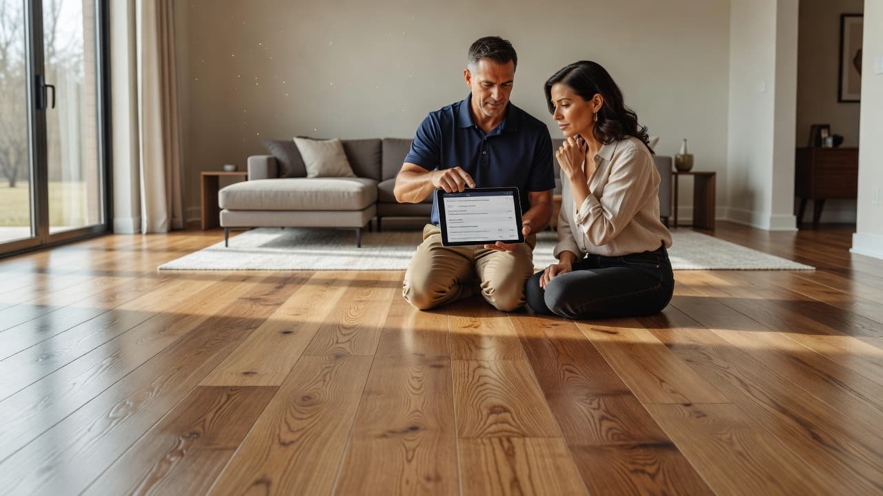 flooring installation estimates, A contractor stands in a sunlit modern living room displaying digital floor samples on a tablet to a homeowner. Rich wood plank textures glow under the warm, natural indoor light.