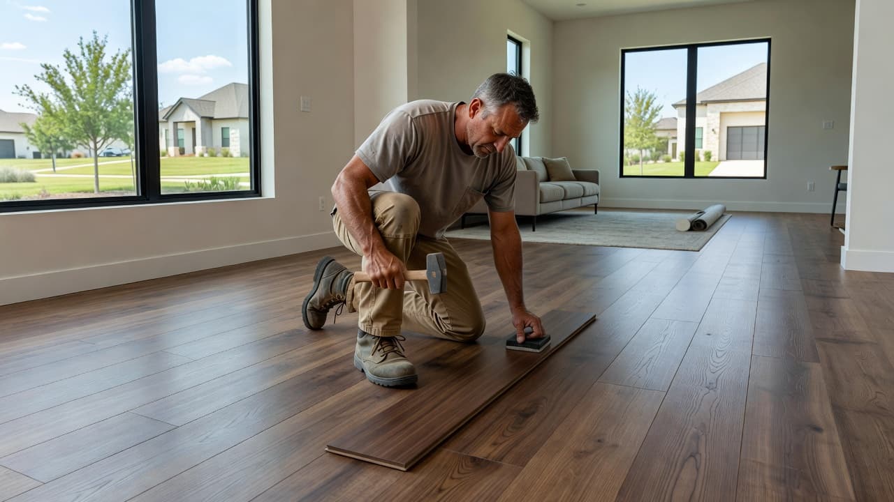 flooring installation lantana tx, A professional kneeling on the floor to install luxury vinyl planks in a home.