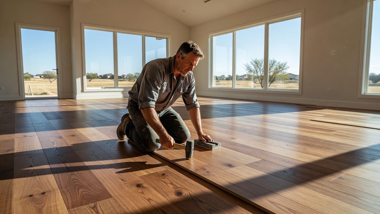 Flooring Installation IN Corinth TX A professional installer fits hardwood floor planks in a bright, modern Texas home.