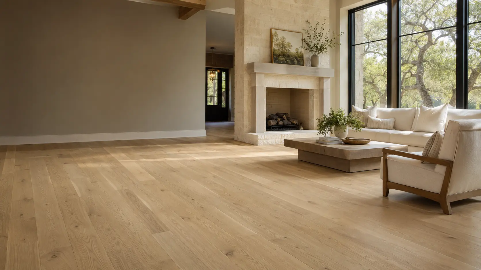 White Oak Hardwood Flooring in a bright North Texas living room
