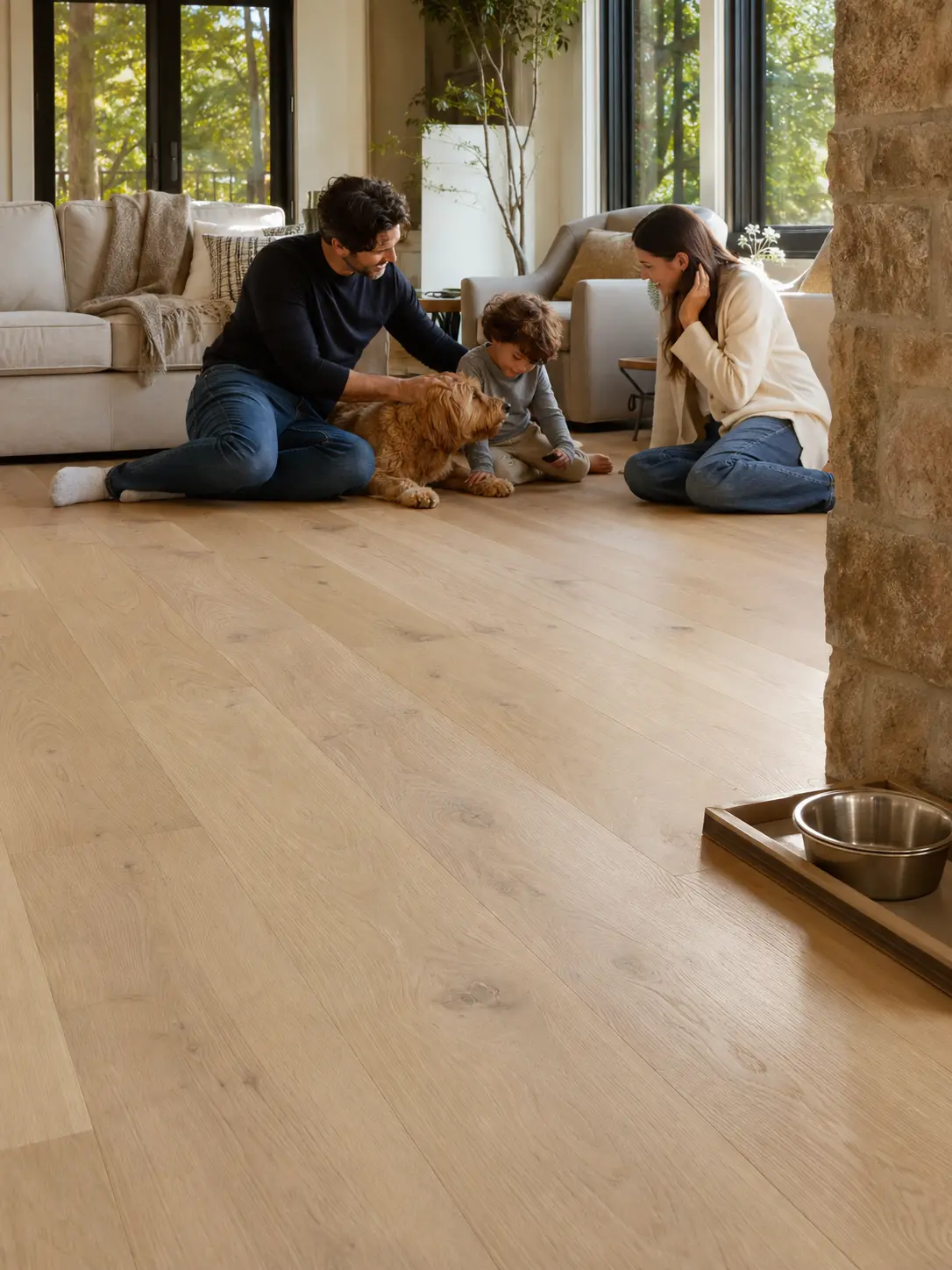 White Oak Hardwood Flooring in a North Texas family room with a child and dog