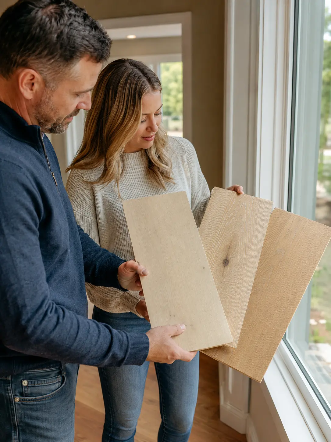 White Oak Hardwood Flooring samples compared in natural window light inside a Denton County home