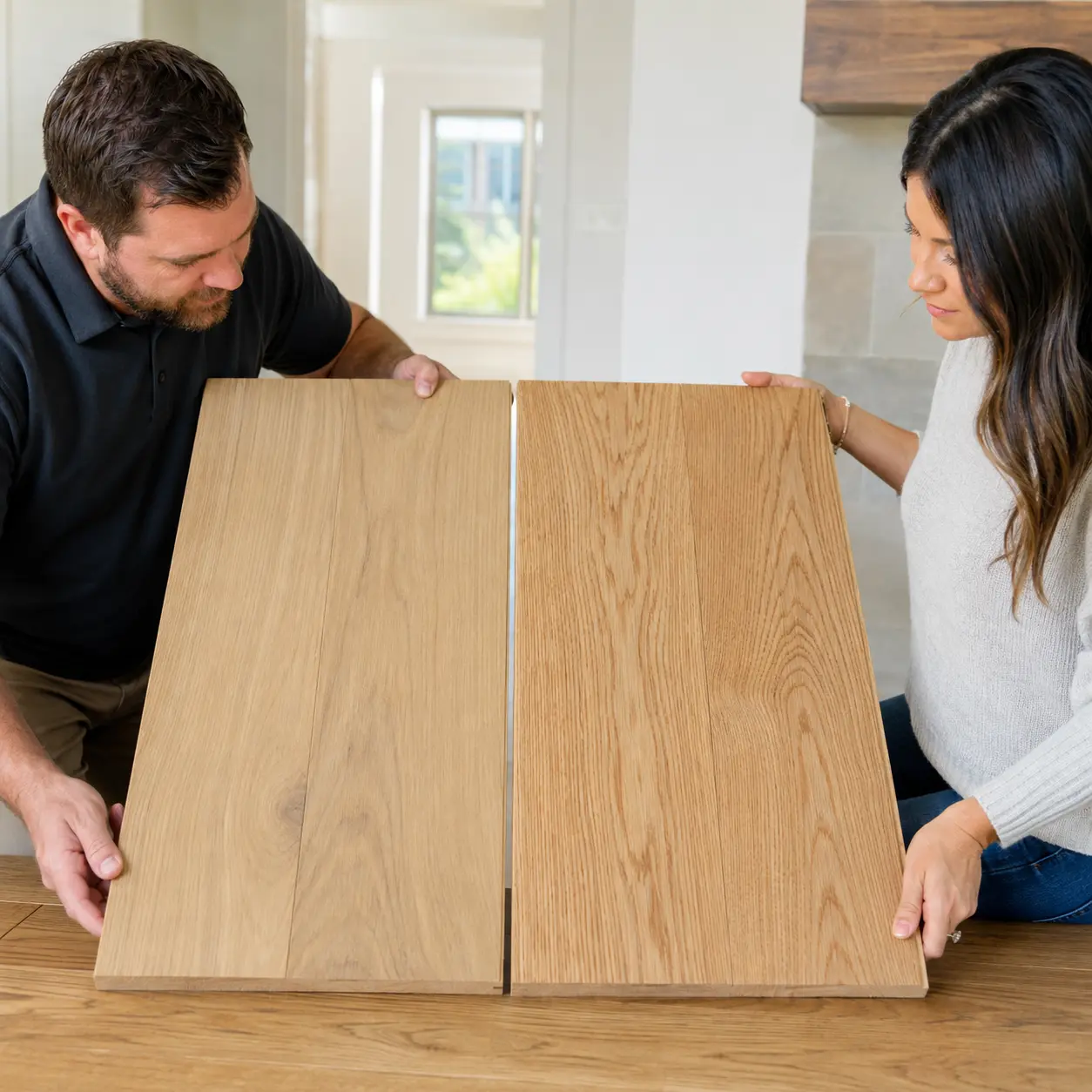 Oak Hardwood Flooring comparison showing white oak and red oak grain and natural color