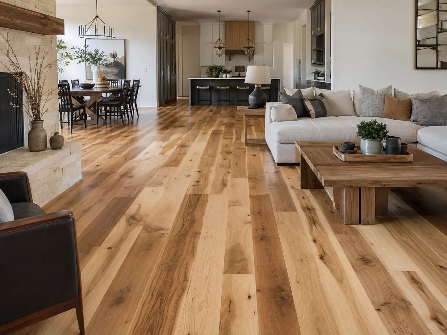 Wide-plank Hickory Hardwood Flooring across an open North Texas living space