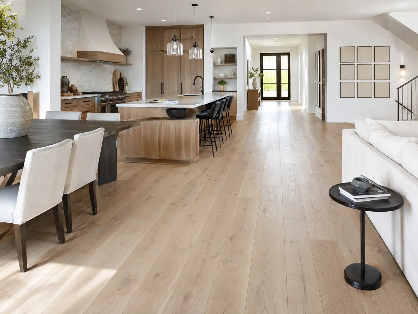 Wide-plank White Oak Hardwood Flooring running through an open North Texas home