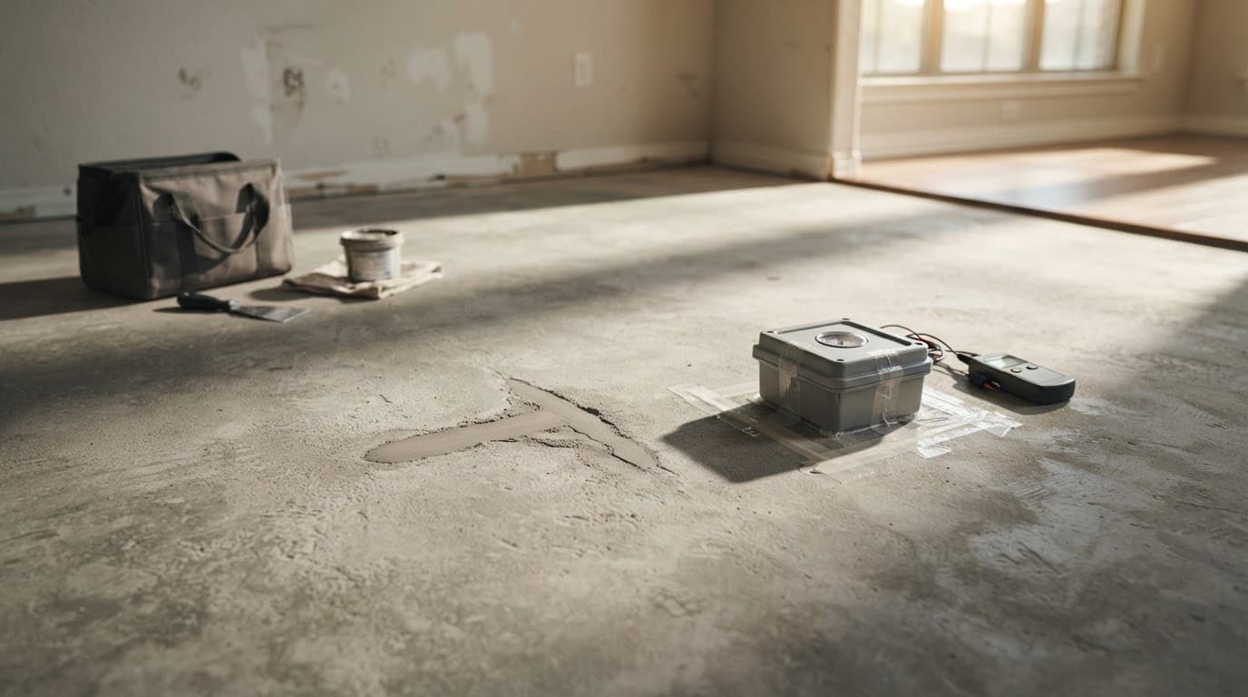 Subfloor Repair Signs to Check Before Installing New Flooring 2 Concrete slab with a repaired crack and nearby moisture testing equipment.