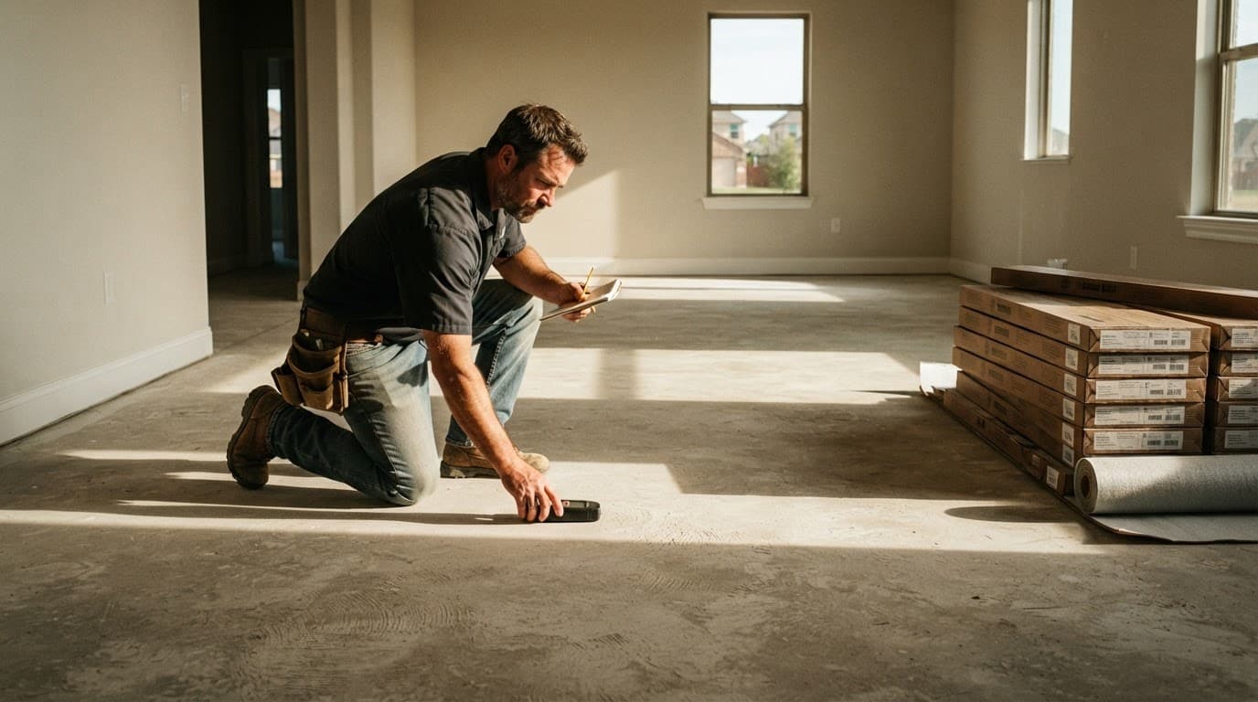 A flooring installer checks a concrete slab beside a moisture meter and stacked hardwood cartons.