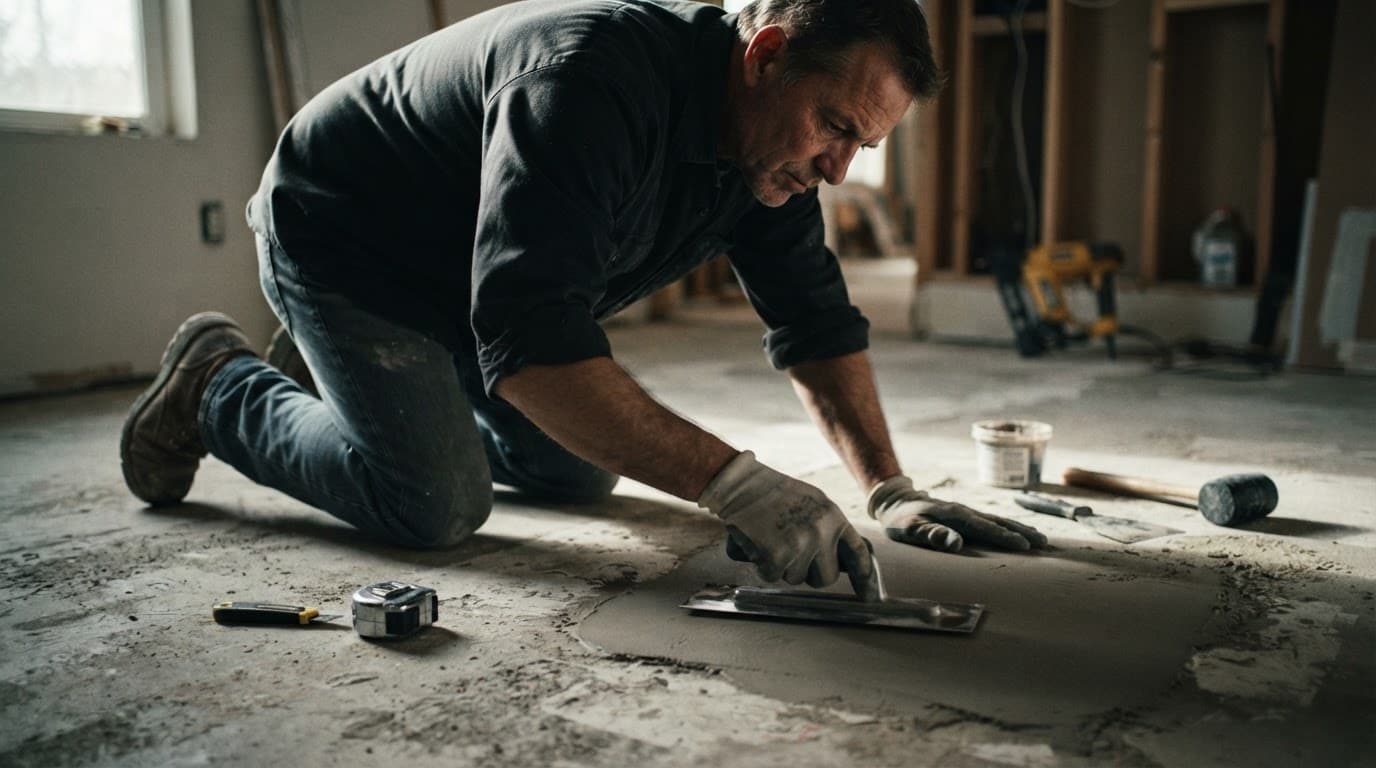 A flooring contractor inspects a concrete subfloor with tools nearby.