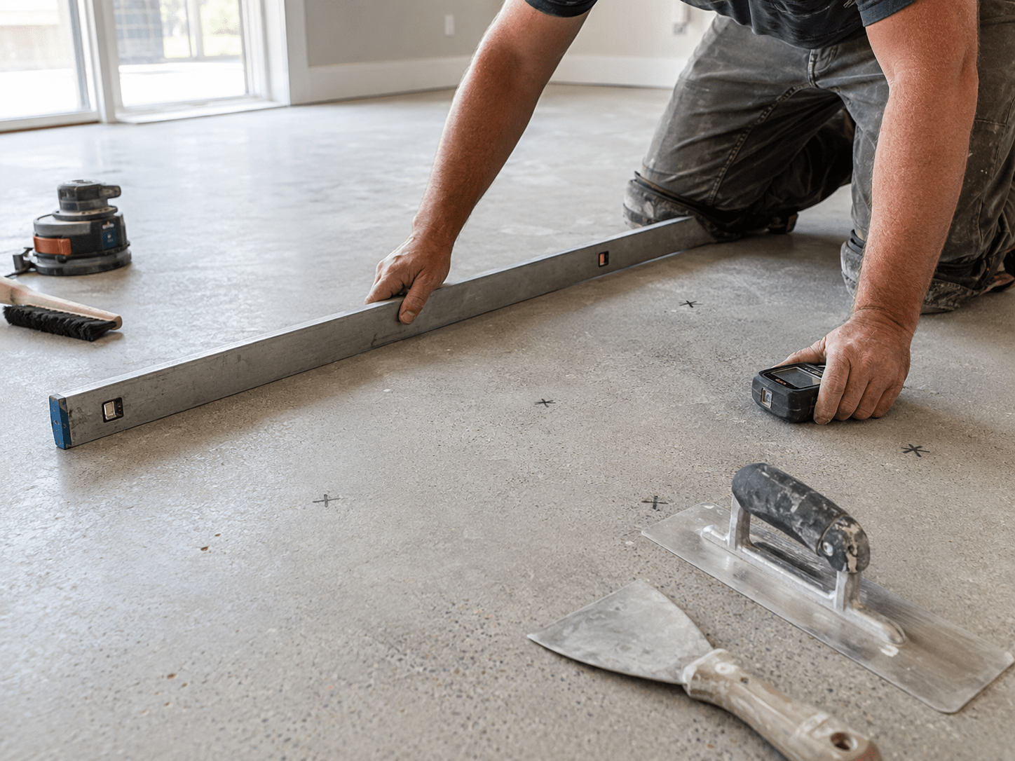 Flooring installer checking a Corinth TX concrete slab for flatness and moisture