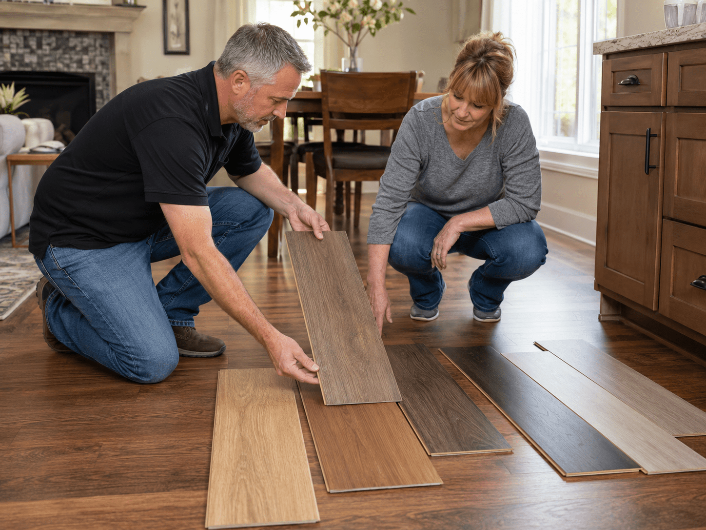 Corinth homeowner comparing flooring samples during a free in-home estimate