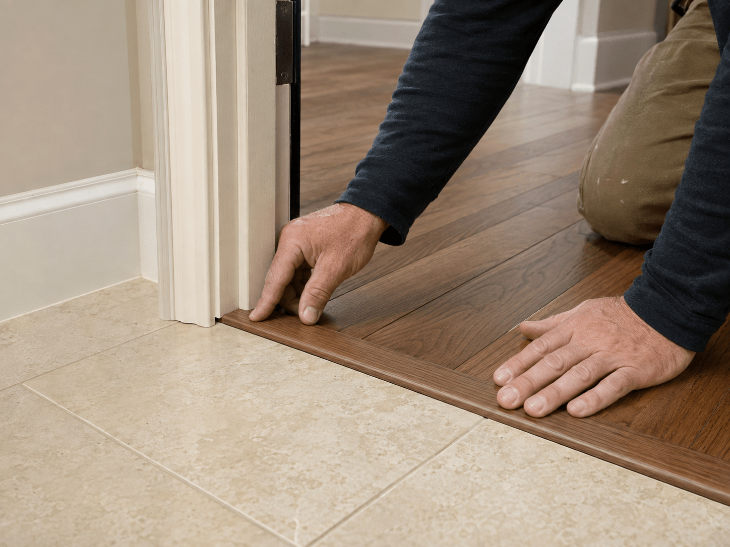 Clean flooring transition and door jamb detail during Corinth TX installation