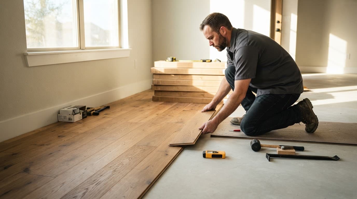 Installer laying hardwood planks over a clean concrete subfloor with tools nearby.