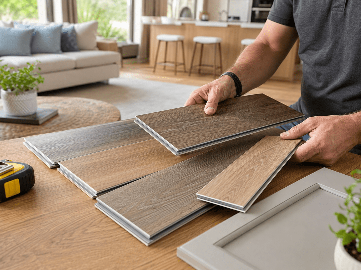 Denton homeowner comparing luxury vinyl plank samples during an in-home estimate