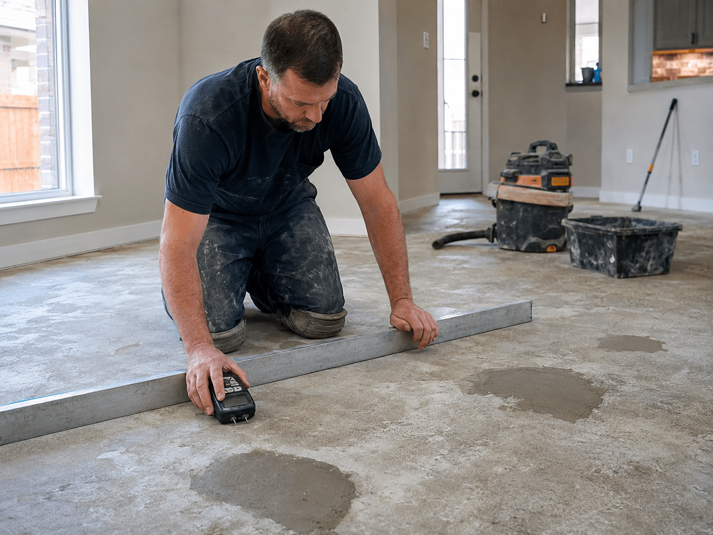 Installer checking concrete slab flatness before LVP flooring installation in Denton TX