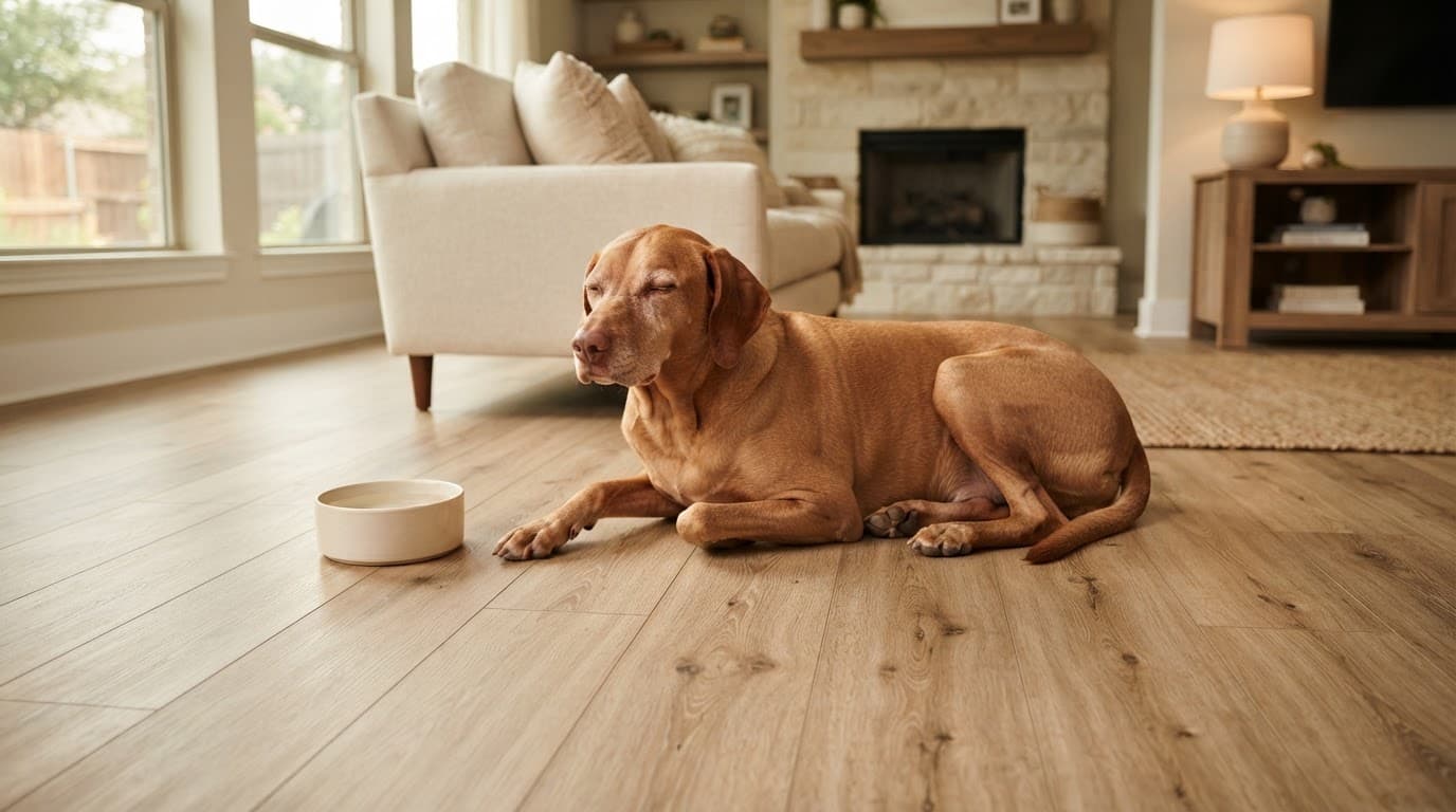 A dog resting beside a water bowl on light oak-look flooring.