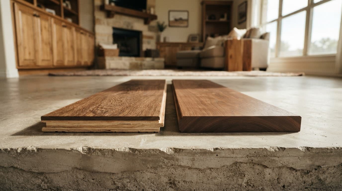 Two hardwood flooring samples show engineered layers and solid wood construction in a sunny living room.