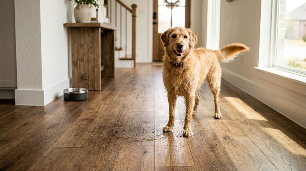 A dog stands on wood-look flooring beside a water bowl in a sunny entryway.