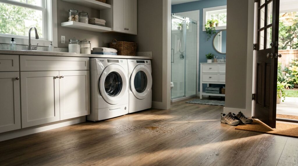 Water droplets and muddy shoes appear on waterproof flooring between a laundry room and bathroom.