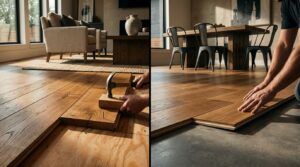 Split interior showing solid hardwood over wood and engineered flooring over concrete.