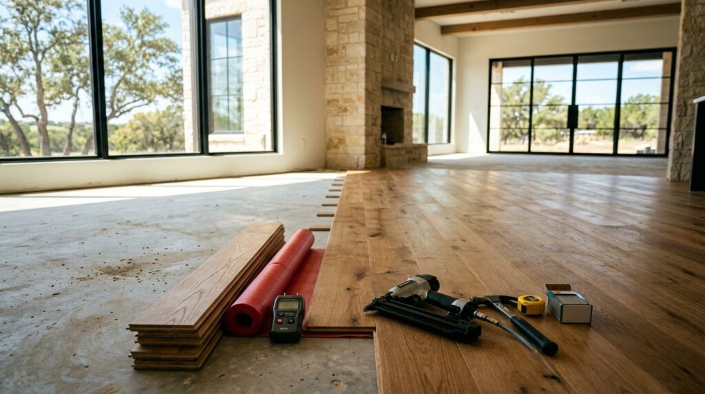 Warm oak flooring extends across a sunny room with installation materials and tools nearby.