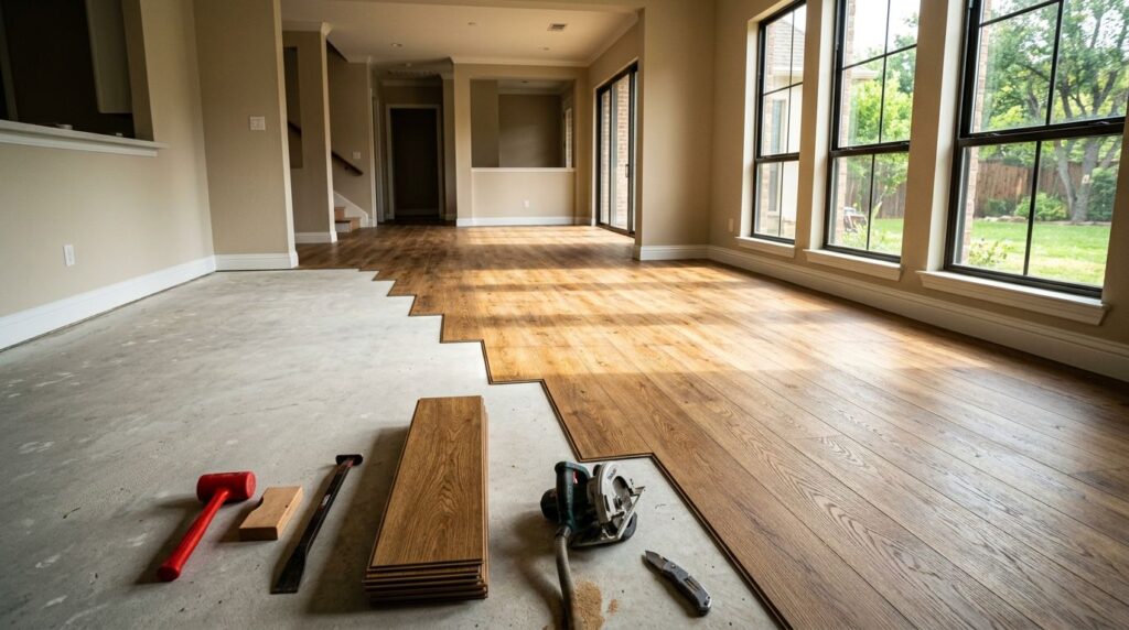 Warm oak flooring meets a concrete subfloor in a sunlit home.