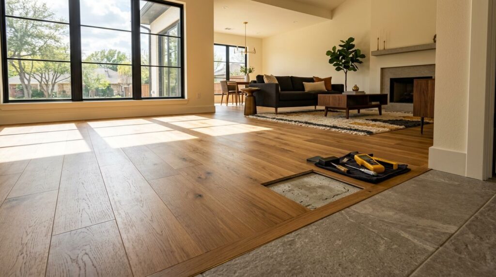 Warm oak flooring meets tile near an entryway, with tools beside an exposed subfloor.