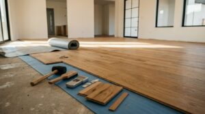 Wide-plank oak flooring with installation tools and sample planks in a bright modern home.