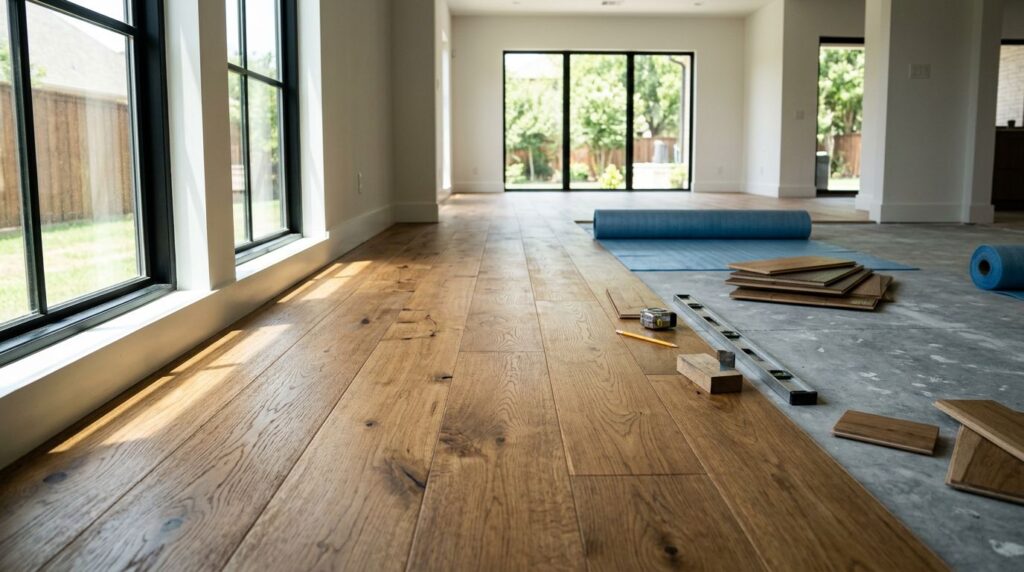 Finished wood flooring with samples, tools, and concrete preparation near bright windows.