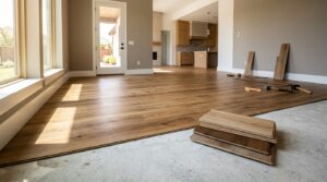 Luxury vinyl plank meets a concrete slab with flooring samples nearby.