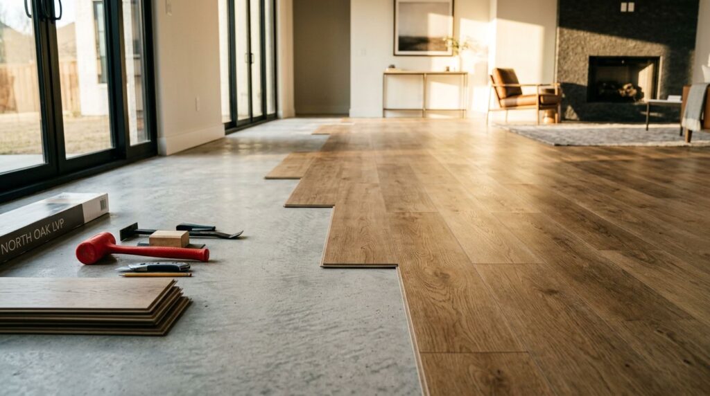 Oak flooring is installed across a concrete slab beside tools and flooring samples.