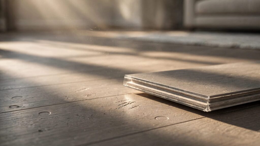 Gray oak vinyl flooring with a visible protective layer and subtle wear marks.