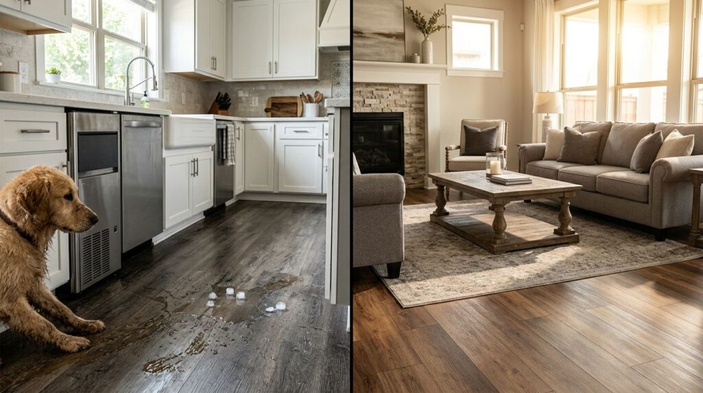 Split interior showing vinyl plank flooring in a kitchen and laminate flooring in a living room.