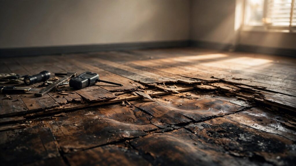 Removed flooring reveals dark, warped plywood subfloor and nearby inspection tools.